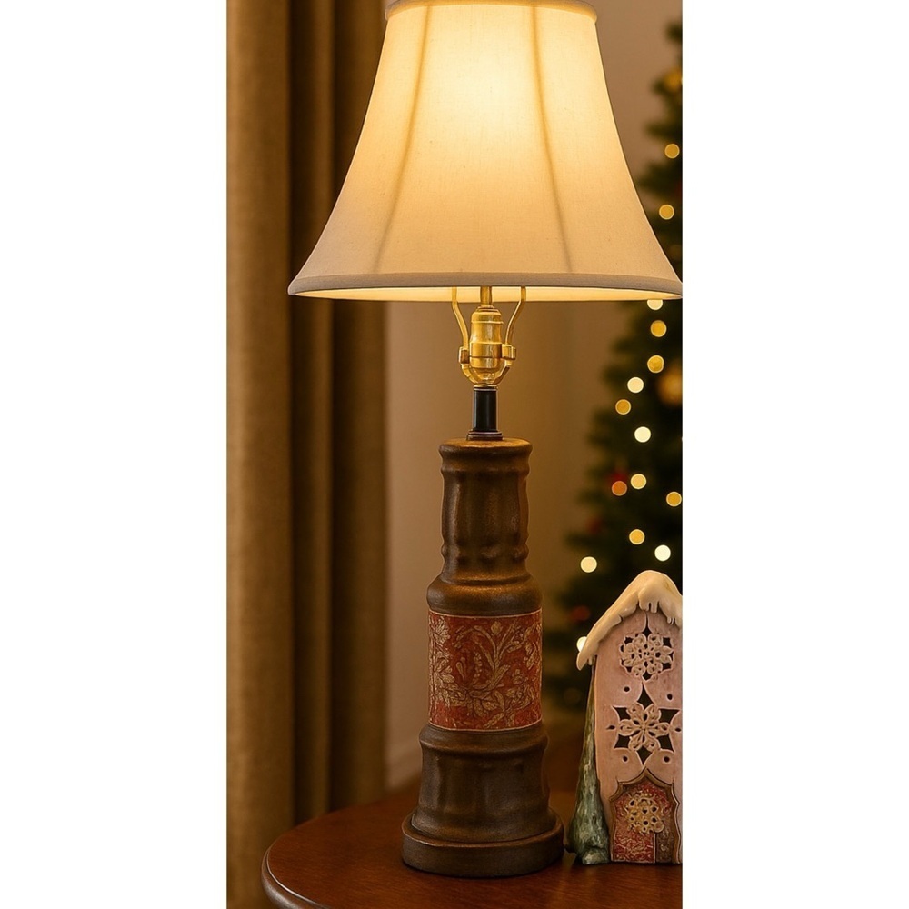 Vintage MCM Distressed Bronze Finish with Ceramic Paisley Electric 29”Table Lamp